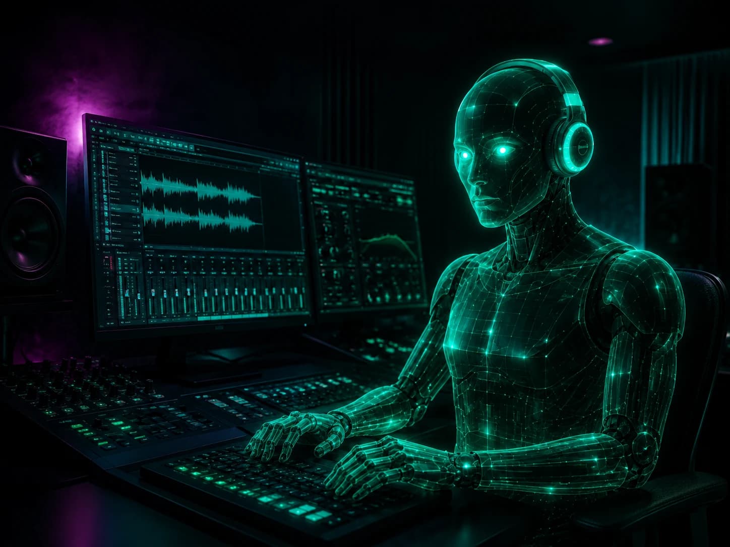 Holografische, groene AI-assistent aan een muziekworkstation, met waveforms, mixer en faders zichtbaar op de schermen