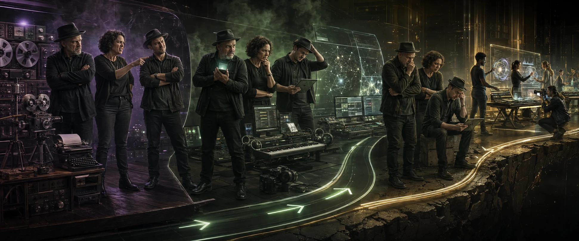 Cinematic 3D-tijdlijn over weerstand tegen technologische vernieuwing, hypocrisie rond AI en artiesten die menselijke visie combineren met nieuwe muzieksoftware.